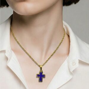 Stainless steel Gold Chain Necklace with Blue enamel Cross Pendant